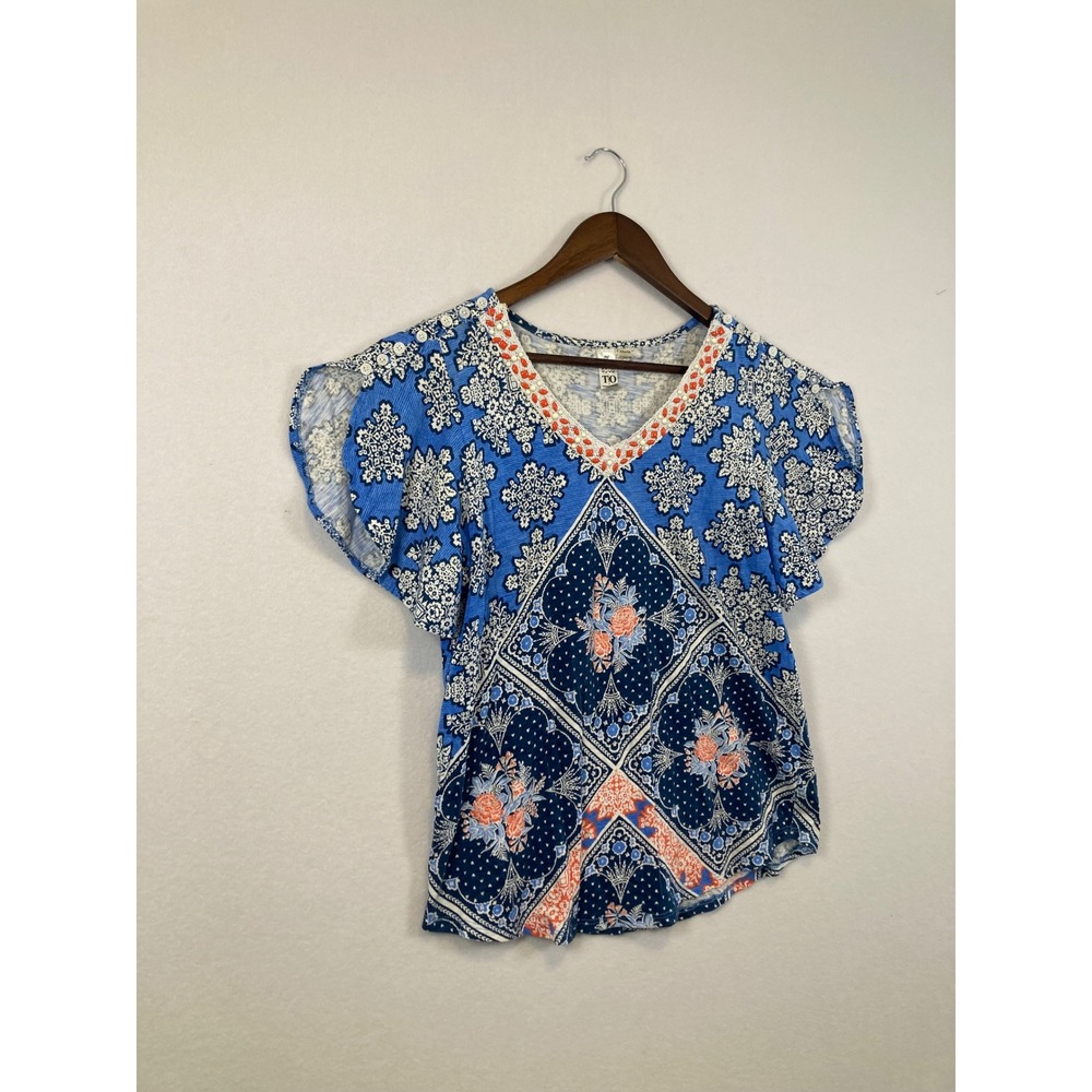 Thomas Olivia Blue Floral Print V Neck Flutter Sleeve Top Women PM - Picture 9 of 9